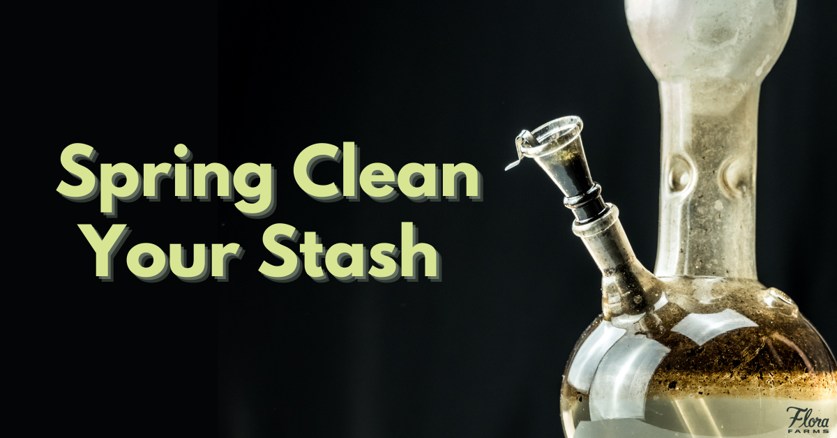 Spring Clean Your Stash on a black background with a dirty water bong to one side