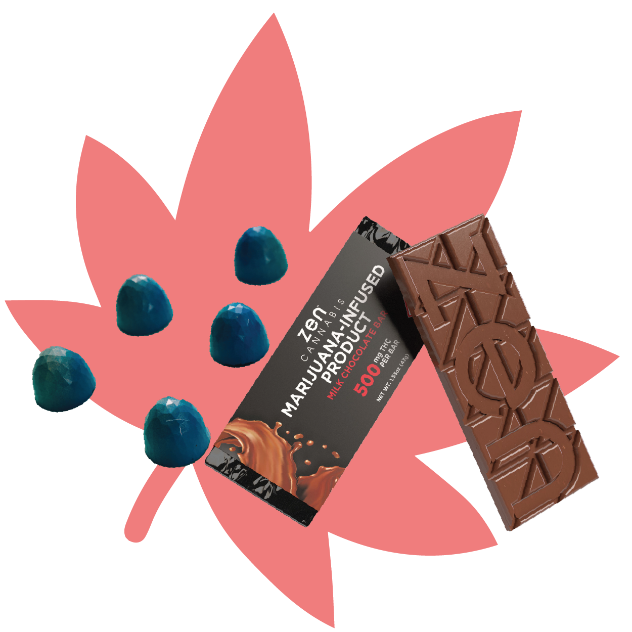 Clovr bonbons and Zen chocolate bar superimposed on a pink cannabis leaf graphic
